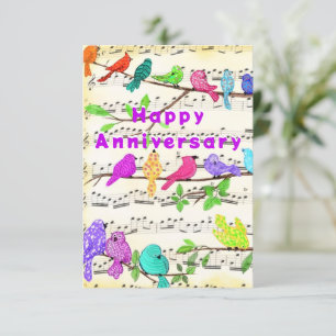 Carte Anniversaire avec des oiseaux musicaux color