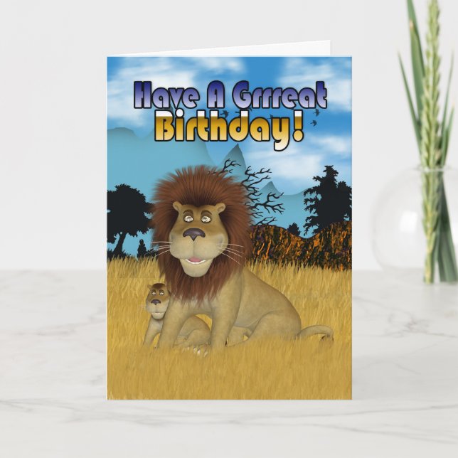 Carte Anniversaire Avec Lion Caricature Et Cub (Devant)