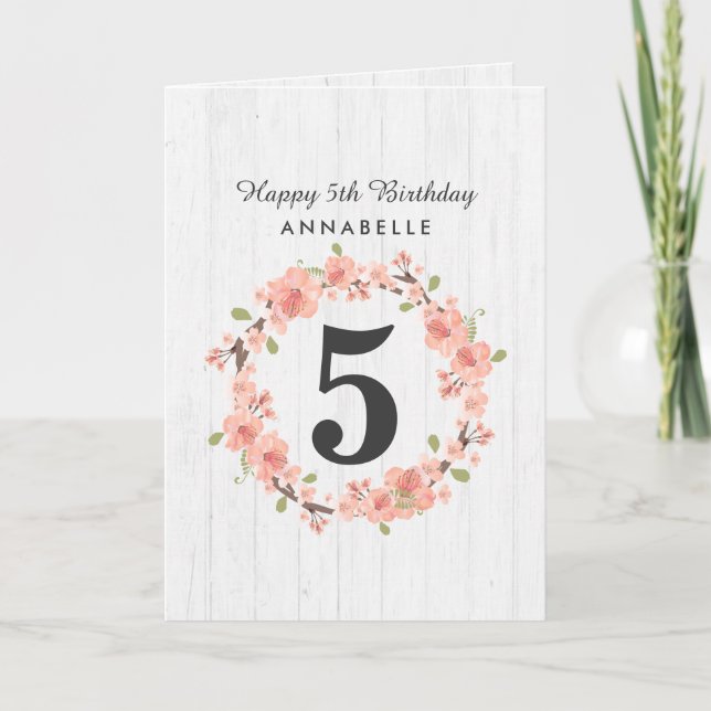 Carte Anniversaire blanc de guirlande florale en bois et (Devant)