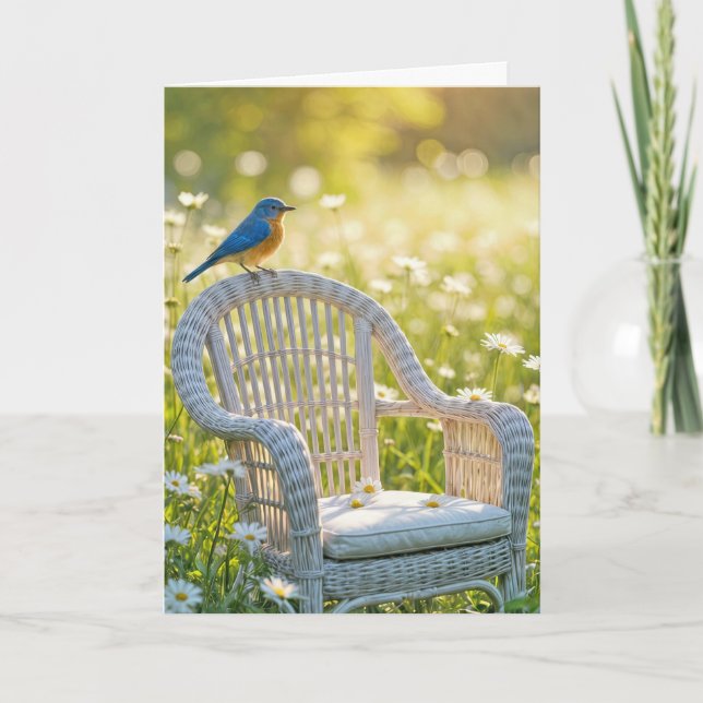 Carte Anniversaire Bluebird sur une chaise en osier (Devant)