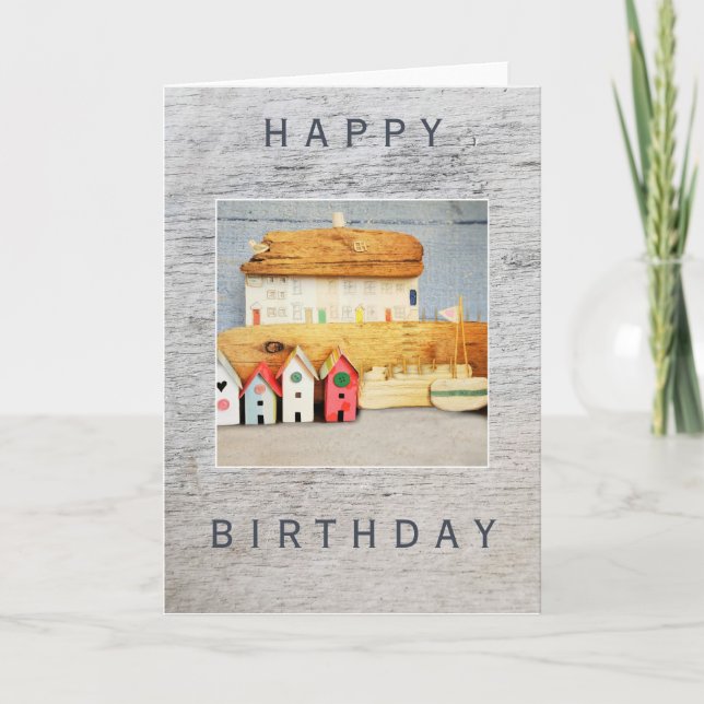Carte Anniversaire, Bord de mer, Bois dur, Maisons en pa (Devant)