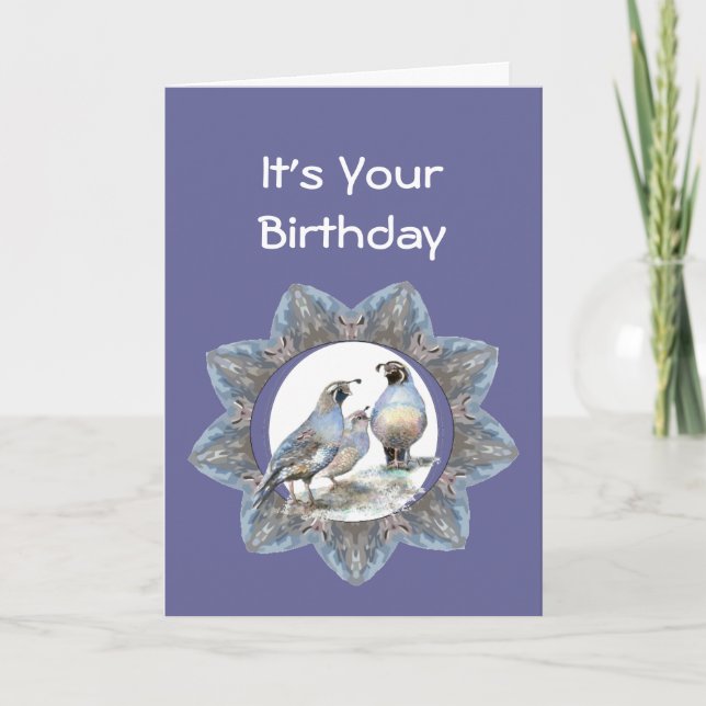 Carte Anniversaire, caille de Californie, oiseau, (Devant)