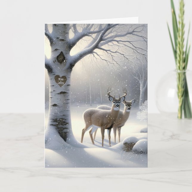 Carte Anniversaire Cerf avec Birch Tree Coeur et noms (Devant)