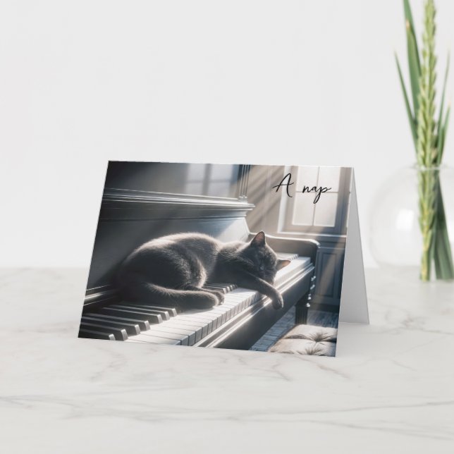 Carte Anniversaire Chat Napping sur une touche de piano (Devant)