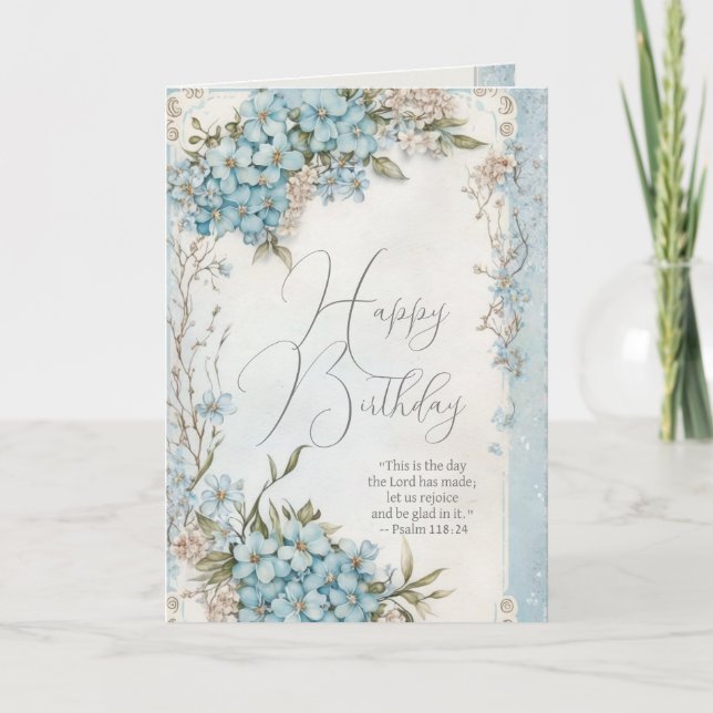Carte Anniversaire chrétien Bleu Floral Écriture (Devant)