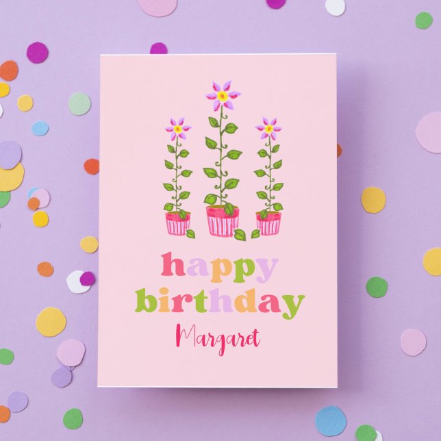 Carte Anniversaire coloré rose rétro personnalisé (This boho pink birthday card makes the guest of honor smile!)