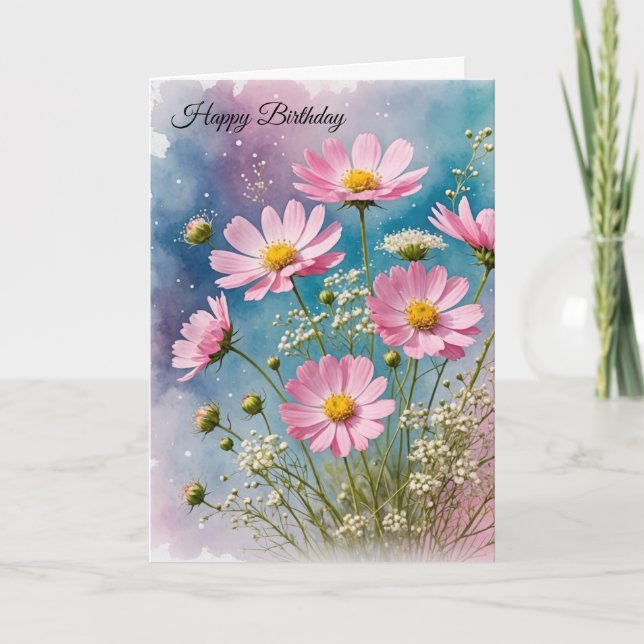 Carte Anniversaire Cosmos Rose Bouquet (Devant)