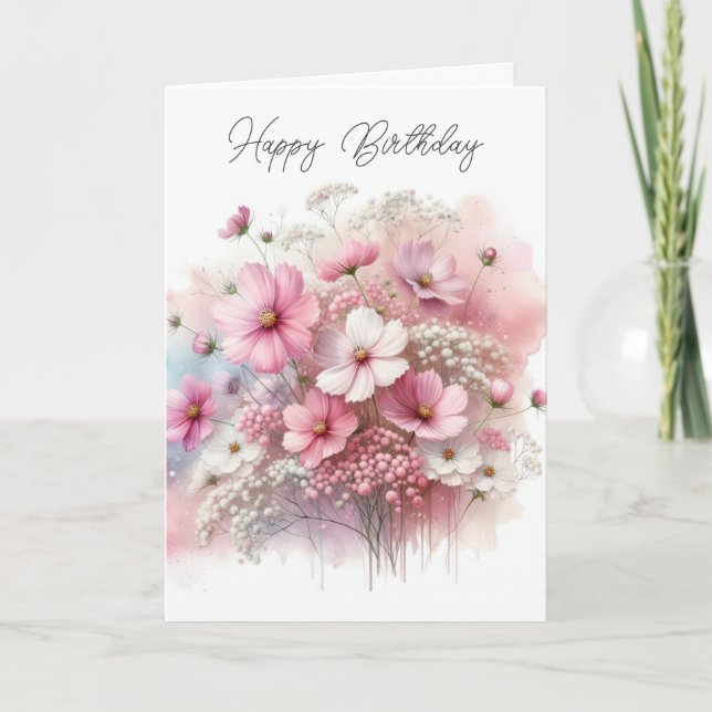Carte Anniversaire Cosmos Rose Bouquet (Devant)