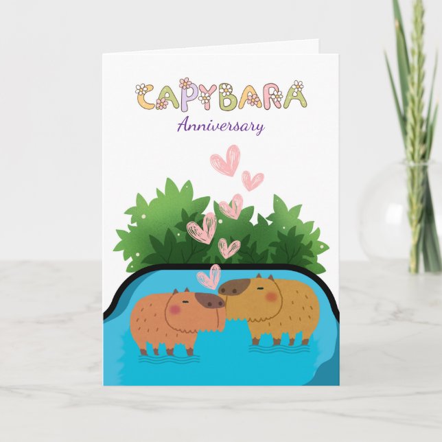 Carte Anniversaire Couple Capybara nager dans l'eau (Devant)