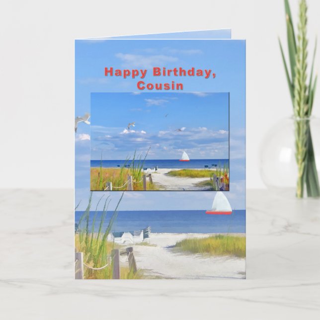 Carte Anniversaire, Cousin, Plage et Ocean View (Devant)