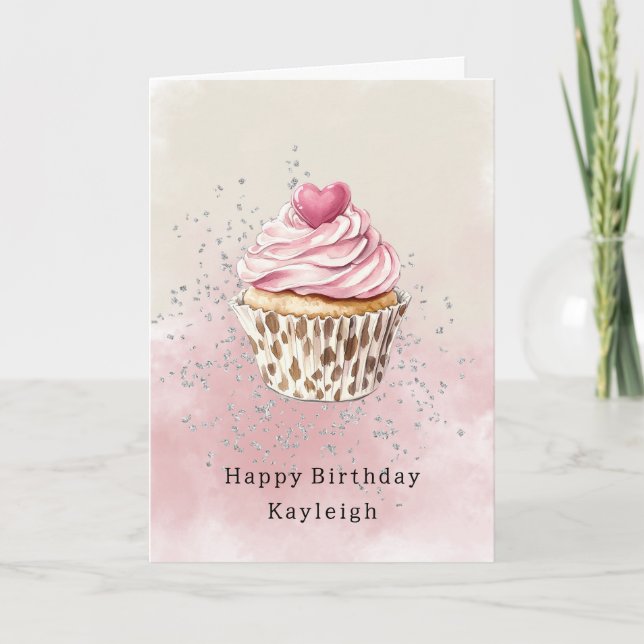 Carte Anniversaire Cupcake Léopard Cœur Rose (Devant)