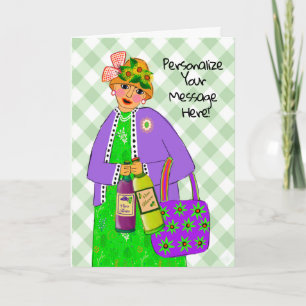 Carte Anniversaire Dame habillée comme la reine apporte