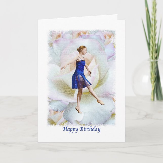Carte Anniversaire de Ballerina en bleu sur une rose bla (Devant)