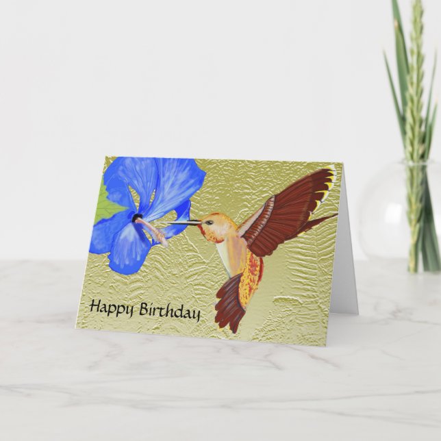 Carte Anniversaire de colibri et de ketmie bleue joyeux (Devant)