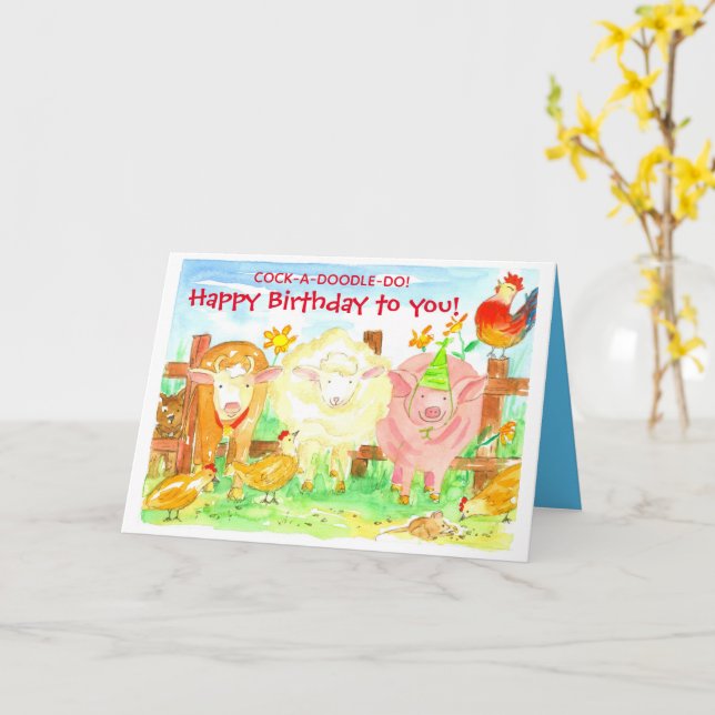 Carte Anniversaire de enfant Animaux de ferme Cochon Coq (Fleur jaune)