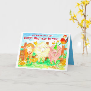 Carte Anniversaire de enfant Animaux de ferme Cochon Coq