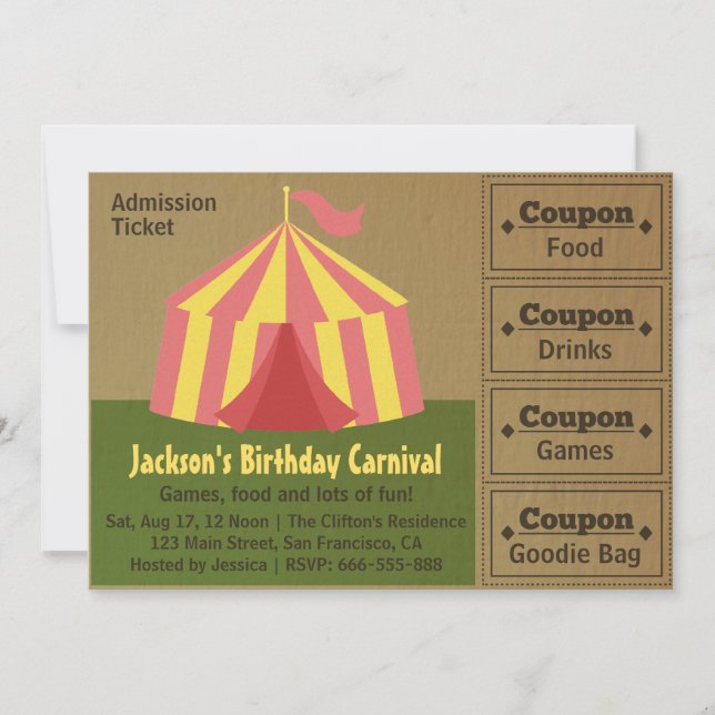 Carte Anniversaire de enfant Party : Carnival Admission  (Devant)