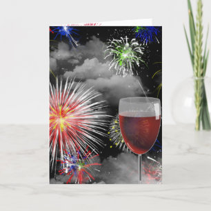 Carte anniversaire de feux d'artifice et de verre de vin