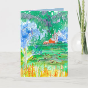 Carte Anniversaire de grange rouge de vaches joyeux