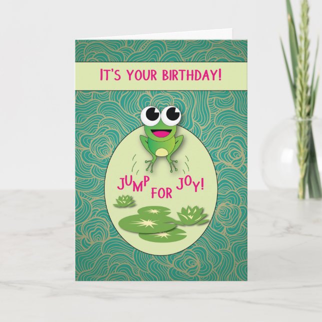 Carte Anniversaire de grenouille, saut pour la joie (Devant)