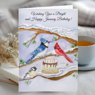 Carte Anniversaire de janvier avec oiseaux de jardin et
