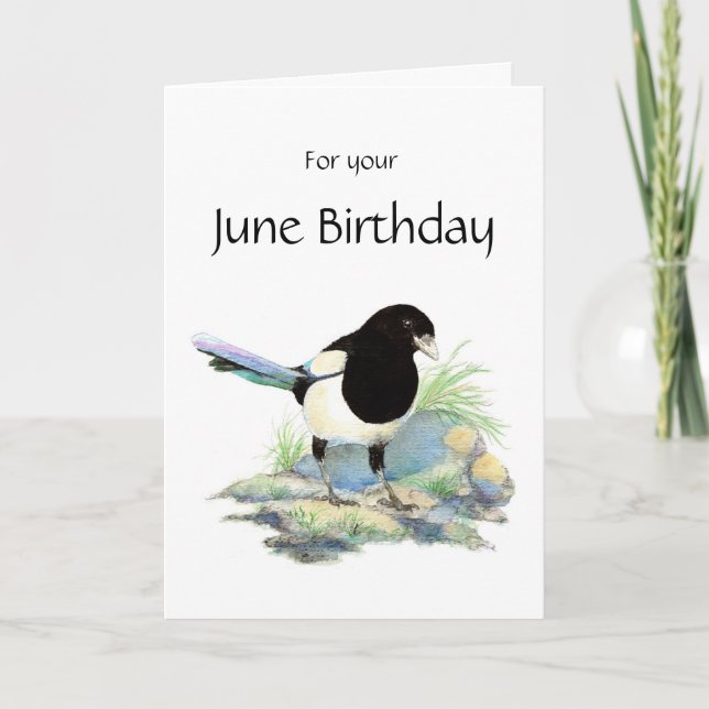 Carte Anniversaire de juin, pie - oiseau d'aquarelle (Devant)