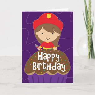 Carte Anniversaire de la fille - Petit pompier et Cupcak