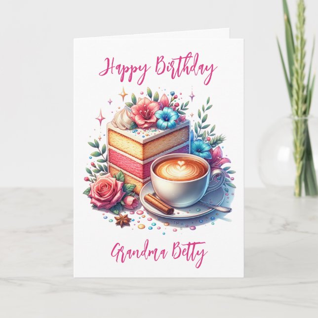 Carte Anniversaire de la grand-mère au café et au gâteau (Devant)
