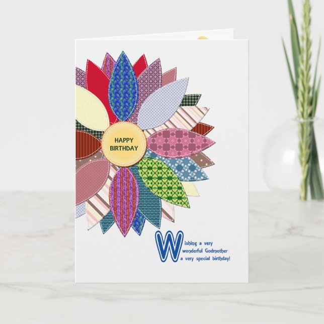 Carte Anniversaire de la marraine, fleur cousue (Devant)