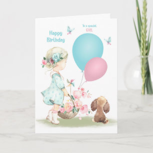 Carte Anniversaire de la petite fille avec chiot 