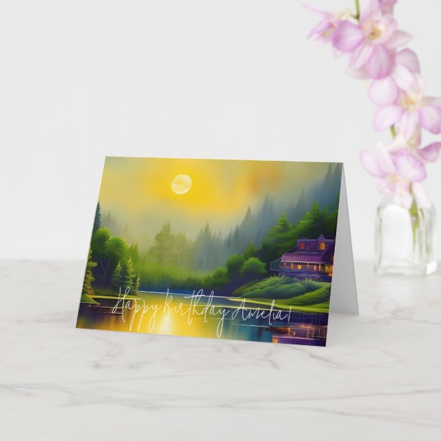 Carte Anniversaire de l'Art numérique du lac pittoresque (Orchidée)