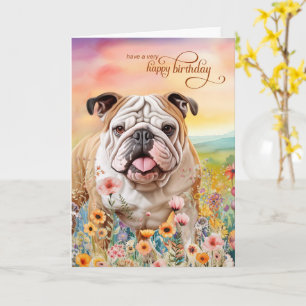 Carte Anniversaire de l'English Bulldog dans un champ de