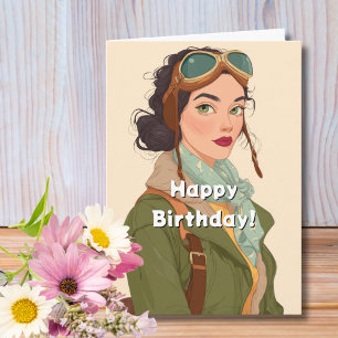 Carte Anniversaire de voyage Vintage Rétro Aviatrice Fem