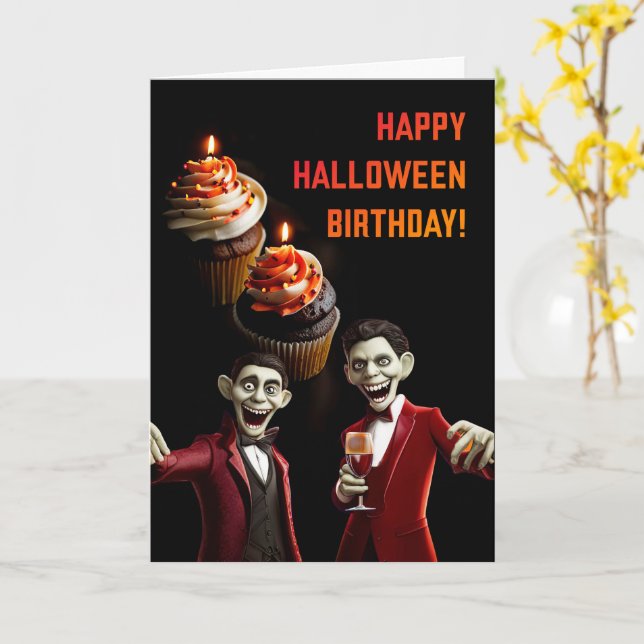 Carte Anniversaire d'Halloween avec Cupcakes et Gouls (Fleur jaune)