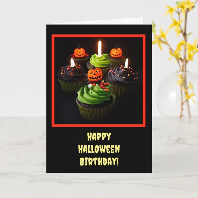 Carte Anniversaire d'Halloween avec Cupcakes mignonne (Fleur jaune)