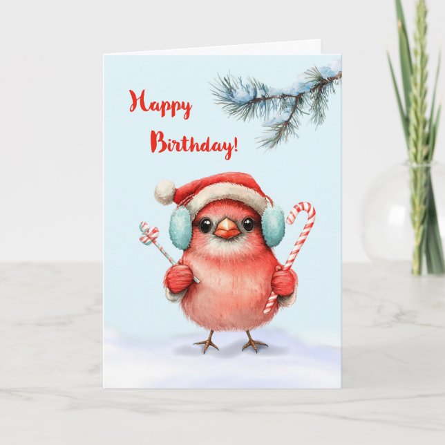 Carte Anniversaire d'hiver Mignonne Bird à Santa Hat ave (Devant)
