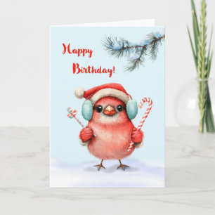 Carte Anniversaire d'hiver Mignonne Bird à Santa Hat ave