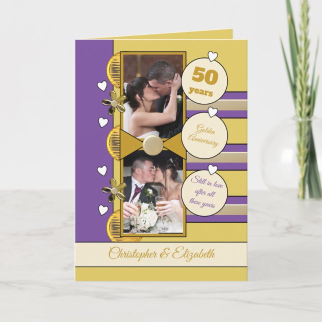 Carte Anniversaire d'or 50 ans d'or et de violet photo (Devant)