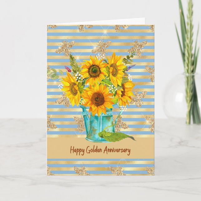 Carte Anniversaire d'or avec tournesols et abeille (Devant)