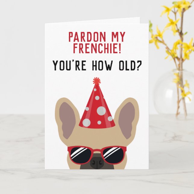 Carte Anniversaire drôle du Chien-taureau français (Fleur jaune)
