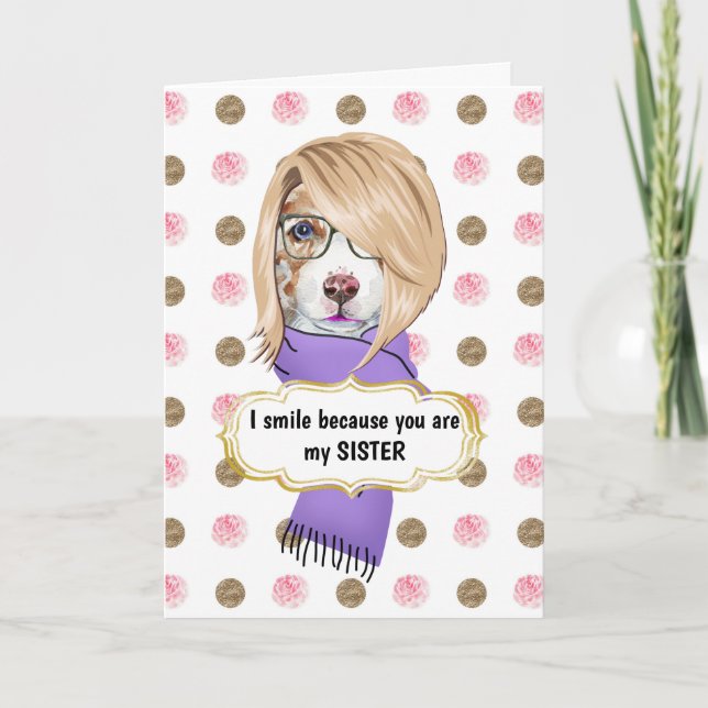 Carte Anniversaire drôle soeur blond collie chien rose o (Devant)