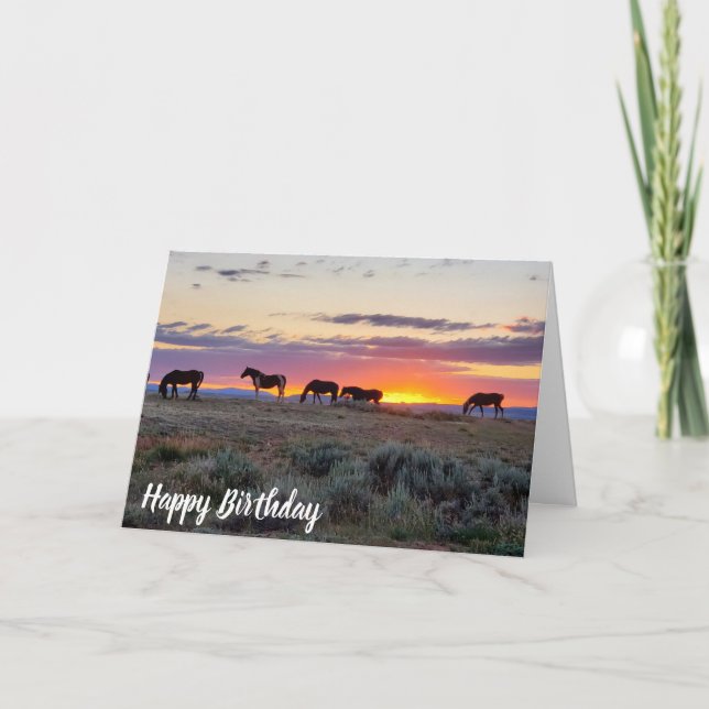 Carte Anniversaire du coucher de soleil des Chevaux sauv (Devant)