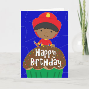 Carte Anniversaire du garçon - Petit pompier avec Cupcak