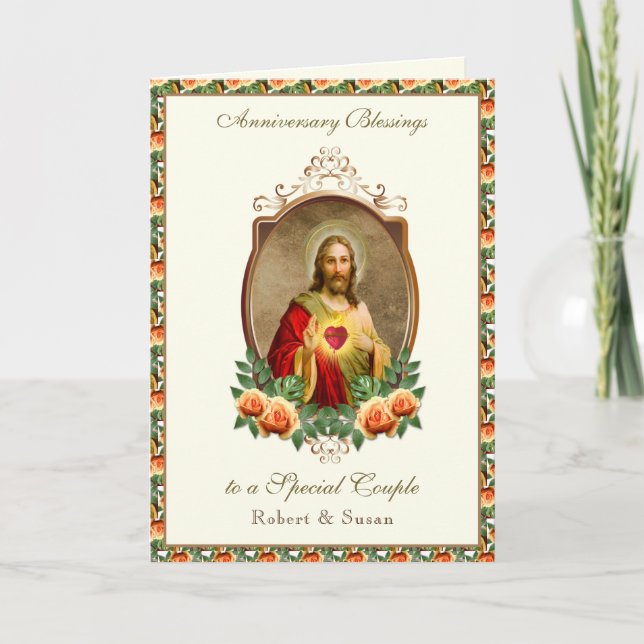 Carte Anniversaire du Mariage religieux Jésus Rose (Devant)