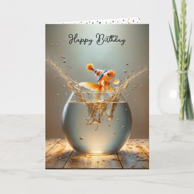 Carte Anniversaire du poisson d'or sauter hors de la pêc (Devant)
