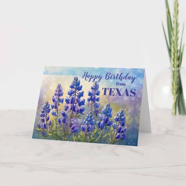 Carte Anniversaire du Texas avec peinture de Bluebonnets (Devant)