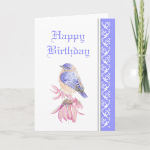 Carte Anniversaire élégant, Oiseau Bleu, Fleurs de Jardi