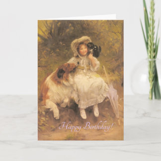 Carte Anniversaire, Enfant Vintage avec Collie et Chaton