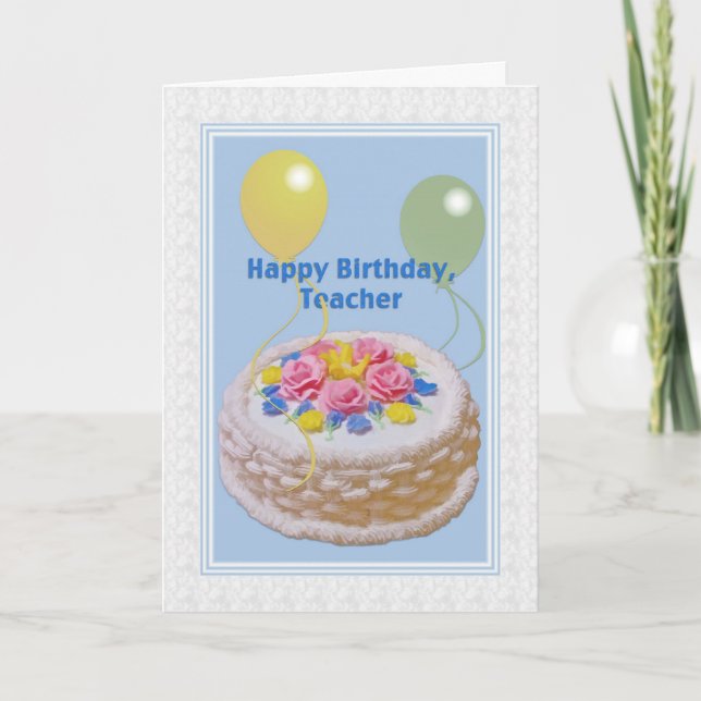 Carte Anniversaire, enseignant, gâteau et ballons (Devant)