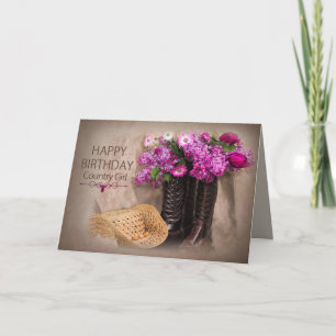 Carte Anniversaire, Femme, Bottes, Fleurs/Lilacs/Tulipes